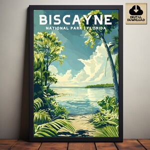 Parque Nacional Biscayne, Carteles del Parque Nacional de Florida, Regalo de camping y senderismo, Minimalista, Impresión de estilo vintage, Descarga digital