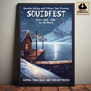 Stardew Valley Squidfest, Winter Event Poster, Stardew Valley Inspired Pixel Art, Beach Docks, Video Game Art, Digital Download