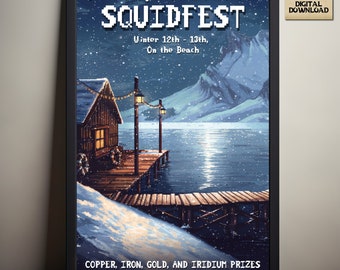 Stardew Valley Squidfest, Winter Event Poster, Stardew Valley Geïnspireerde Pixel Art, Beach Docks, Video Game Art, Digitale Download