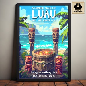 Stardew Valley Luau, cartel del evento de verano de Stardew Valley, arte de píxeles inspirado en Stardew Valley, sopa potluck, arte de videojuegos, descarga digital