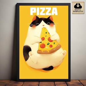 Pizza Cat Printable Poster, Catlover Gift, Funny Food Wall Decor, Anime Wall Art, Cute Cat Lover Art, Kitty Eating Pizza, Digital Download