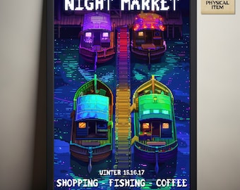 Mercato notturno di Stardew Valley, poster per eventi invernali, pixel art ispirata a Stardew Valley, luci al neon, arte dei videogiochi, poster fisico