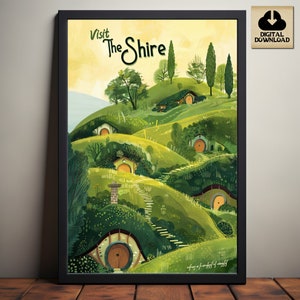 Cartel de viaje de The Shire, Arte del cartel de viaje vintage, Impresión retro de cuento de hadas, Cartel del Señor de los Anillos, Hobbit, LOTR, Descarga digital
