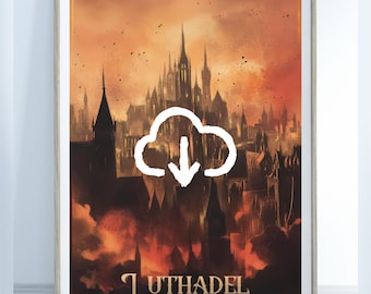 May include: Framed digital art print featuring a fantasy cityscape with towering spires and a fiery sky. The artwork includes the text "Luthadel, Scadrial" and "The Final Empire". A white cloud with a downward arrow is in the center. The words "DIGITAL DOWNLOAD ONLY" are at the top.