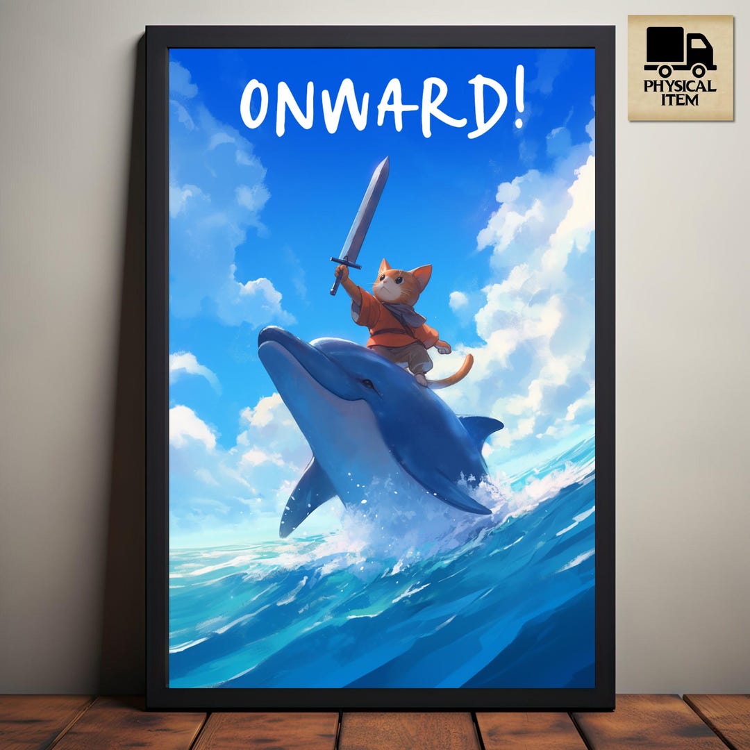 Ownward, Cat Riding A Dolphin, Cat Printable Poster, Catlover Gift ...