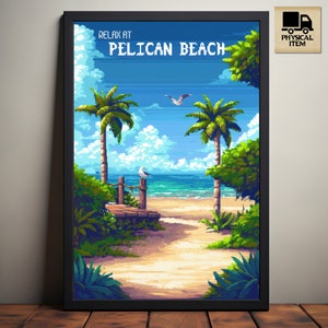 Stardew Valley Travel Poster, Relax at Pelican Beach, Stardew Valley Inspired Pixel Art, Pelican Town, Summer Season, Physical Poster