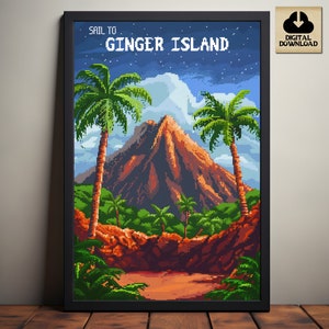 Stardew Valley Travel Poster, Sail to Ginger Island, Stardew Valley Inspired Pixel Art, Volcano, Willy, Digital Download