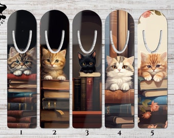 Cute Cat Sitting on Books Metal Bookmark Set - Handcrafted Cat Lover Gift - Unique Kitty Metal Bookmarker - Feline Reading Companion