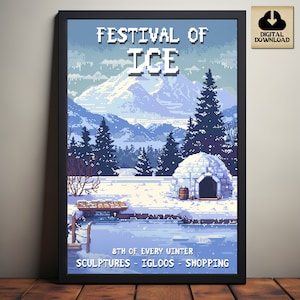 Stardew Valley Festival of Ice, Winter Event Poster, Stardew Valley Inspired Pixel Art, Igloo, Ice Lake, Video Game Art, Digital Download