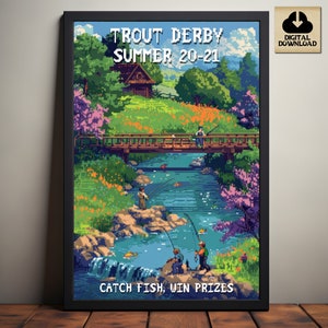 Stardew Valley Trout Derby, Summer Event Poster, Stardew Valley Inspired Pixel Art, Video Game Art, Digital Download