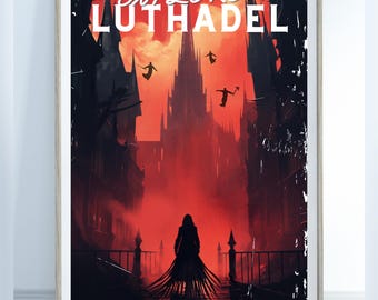 May include: A vintage-style poster with a red and black color scheme featuring a silhouette of a city with a tall building in the center. The text "Explore Luthadel" and "Crown Jewel of Scadrial" is printed on the poster.