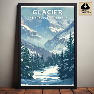 Glacier National Park, Montana National Park Posters, Camping and Hiking gift, Minimalist, Vintage Style Print, Digital Download