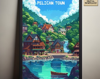 Stardew Valley Travel Poster, Stay in Pelican Town, Stardew Valley Inspired Pixel Art, Pelican Town Scenery, Digital Download