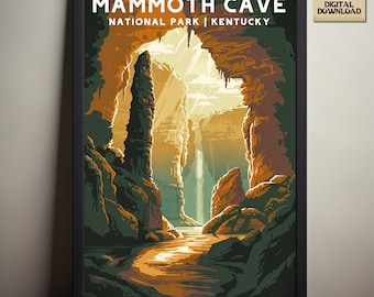 Pósteres del Parque Nacional Mammoth Cave, Parque Nacional Kentucky, regalo para acampar y hacer senderismo, minimalista, impresión de estilo vintage, descarga digital