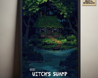 Stardew Valley Travel Poster, Visit Witch's Swamp, Stardew Valley Inspired Pixel Art, Witch's Hut, Video Game Art, Digital Download