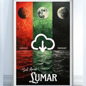May include: Framed art print with three vertical panels. The left panel is crimson with a planet, the center is green with a moon, and the right is black with a moon. The text "CRIMSON", "MIDNIGHT", and "LUMAR" are visible.