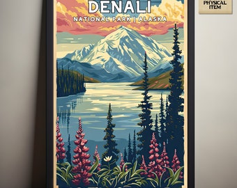 Denali National Park, Alaska National Park Posters, Kamperen en Wandelen cadeau, Minimalistisch, Vintage Style Print, Fysieke Poster