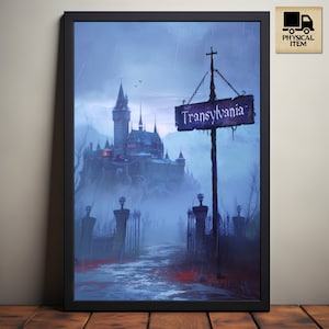 Poster di viaggio gotico della Transilvania, arte ispirata a Dracula, castello gotico, antica insegna, regalo libresco, tema horror, poster fisico