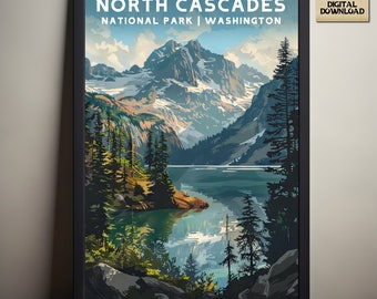 May include: A vintage-style poster featuring a scenic view of a lake surrounded by mountains and trees. The text "NORTH CASCADES NATIONAL PARK | WASHINGTON" is at the top of the poster.