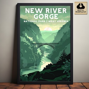 New River Gorge National Park, West Virginia National Park Poster, Camping and Hiking gift, Minimalist, Vintage Style Print Digital Download