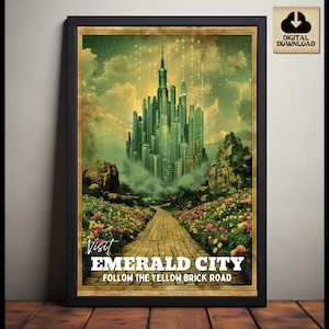 Pôster de viagem da Cidade Esmeralda, Palácio Esmeralda, Estrada de Tijolos Amarelos, O Maravilhoso Mágico de Oz, Arte Fictícia de Fãs. Download Digital