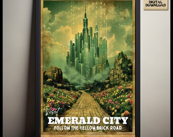 Emerald City Travel Poster, The Emerald Palace, Yellow Brick Road, The Wonderful Wizard of Oz, Fictional Fan Art. Digital Download