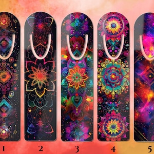 May include: Five colorful bookmarks with different designs. The bookmarks are made of a glossy material and feature intricate patterns with a psychedelic theme. The designs include geometric shapes, mandalas, and galaxy-like patterns.