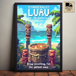 Stardew Valley Luau, cartel del evento de verano de Stardew Valley, arte de píxeles inspirado en Stardew Valley, sopa compartida, arte de videojuegos, cartel físico