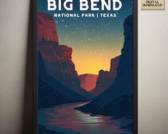 Big Bend National Park, Texas National Park Posters, kampeer- en wandelcadeau, minimalistisch, vintage stijl print, digitale download