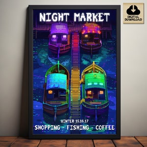 Stardew Valley Night Market, Winter Event Poster, Stardew Valley Inspired Pixel Art, Neon Lights, Video Game Art, Digital Download