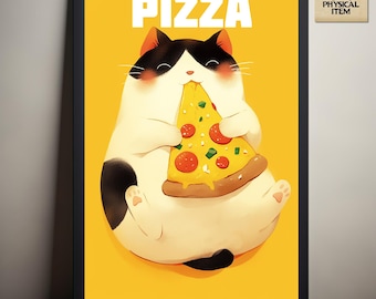Pizza Cat Poster, Catlover Gift, Funny Food Wall Decor, Anime Wall Art, Cat Lover Art, Cute Cat Print, Kitty Eating Pizza, Physical Poster