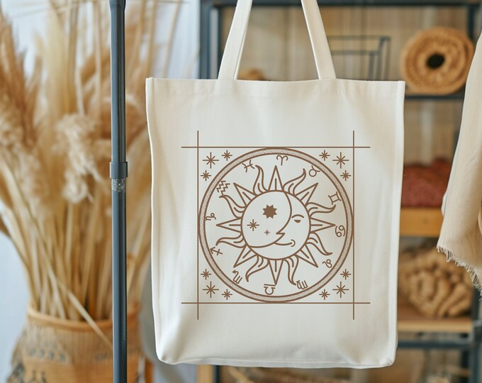 Zodiac Tote Bag, Astrology Gift Reusable Bag, Astrology Sign Gift, Celestial Tote Bag, Zodiac Print Vintage, Zodiac Grocery Tote Bag