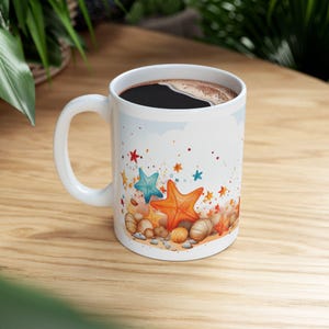 Beach Vibes Ceramic Mug, Summer Drinkware, Ocean Lover Gift, Starfish Coffee Cup, Coastal Home Decor, Sea Life Mug, Seashells lover gift