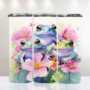 Floral grenouilles amis rose Tumbler Wrap 20 oz Design PNG Téléchargement numérique instantané Fleurs colorées vibrantes Nature jardin botanique