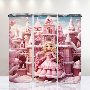 Poppen roze kasteel prinses cartoon Tumbler wrap 20 oz ontwerp vakantie sublimatie poppenhuis sprookje PNG digitale Instant Download
