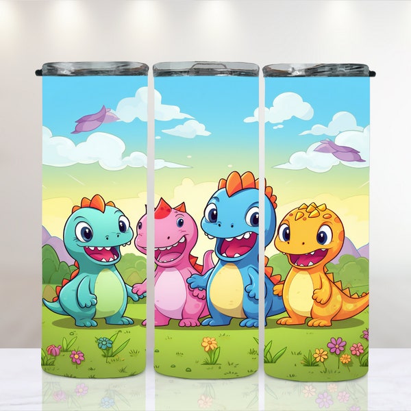 Dinosaur 20 oz Skinny Tumbler Wrap 3D Animated, Kawaii PNG Design, Great for Children Gift Instant Digital Download Colourful Water Bottle