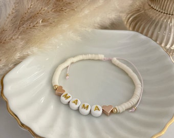 mama | name | initial | personalized bracelet | rose gold plated heart | clay bead bracelet | custom bracelet | mama mini | bracelet stacks