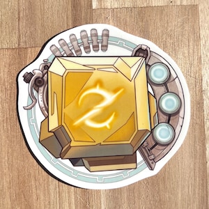 May include: A gold-colored, geometrically shaped crystal with a glowing symbol inside. The crystal is surrounded by a circular design with a mechanical arm and gears.