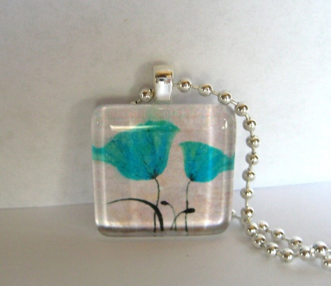 Two Teal Flowers Square Glass Tile Pendant Etsy
