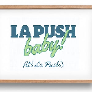 May include: A framed cross-stitch design with the text "La Push baby! (It's a Push)" in blue and green lettering.