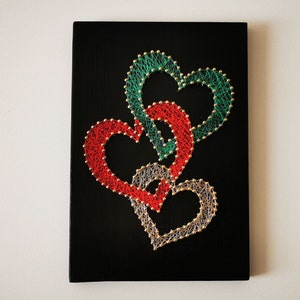 Hearts String Art wall hanging, Handmade picture, Tree colour string art, Nail and Threat art, Bedroom art, Wood