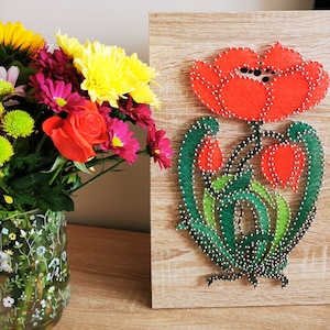 Flowers String Art wall hanging, Colorful string art, Handmade Picture, Nail and Threat art, Bedroom Art