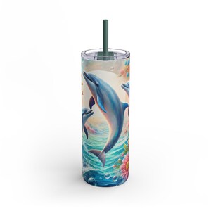 Dolphin Paradise Tumbler, 20oz Travel Cup, Gift for Ocean Lovers, Beach Decor, Floral Design, Personalized Drinkware