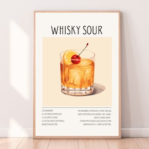 Cocktail Poster Retro Cocktail Print Cocktail Kunstdruck Cocktail Zeichnung Drink Illustrationen Cocktail Rezept Alkohol Prints Whiskey Sour