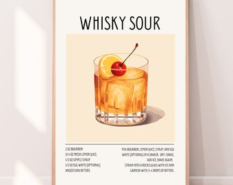May include: A printable poster with a recipe for a whisky sour cocktail. The poster features a colorful illustration of a whisky sour in a rocks glass with a lemon wedge and a cherry garnish. The recipe includes the ingredients and instructions for making the cocktail.