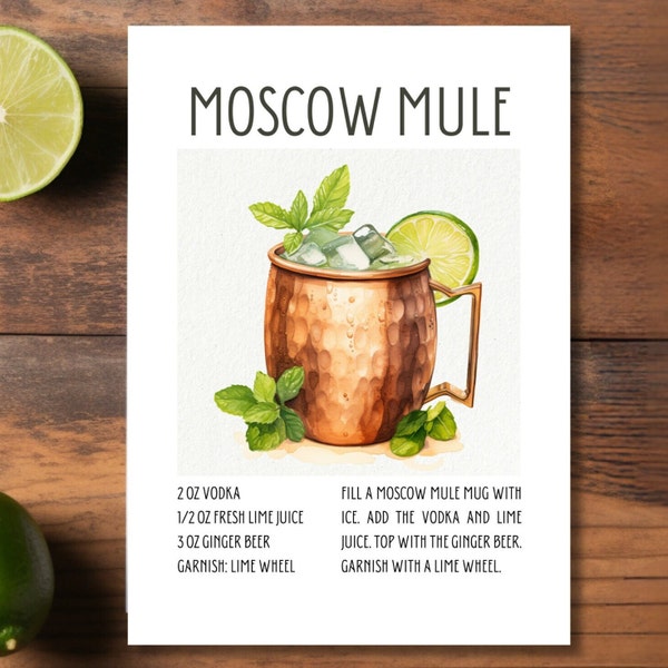 Moscow Mule Cocktail Recipe Card Moscow Mule Card Instant Download Printable Recipe Card Cocktail Art Moscow Mule Art