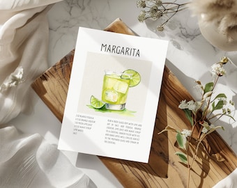 May include: A watercolor illustration of a margarita cocktail recipe. The recipe includes 2 oz blanco tequila, 1/2 oz orange liqueur, 1 oz fresh lime juice, 1/2 oz agave syrup, lime wheel, and salt. The illustration shows a glass filled with ice and a lime wedge.