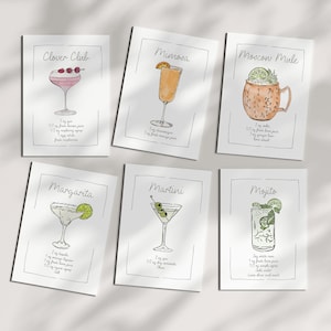 Schede di ricette per cocktail, cocktail disegnati a mano, arte rustica per cocktail, decorazioni carrelli bar carine, cocktail stampabili, pacchetto di 6 cocktail, pacchetto di schede di ricette
