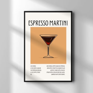 Impresión de cóctel retro Impresión de Martini espresso Cartel de cóctel Carteles de cóctel Carteles de cóctel retro Receta de Martini espresso