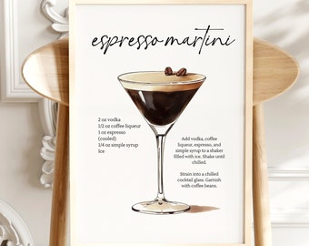 May include: A printable recipe card for an espresso martini cocktail. The card features a hand-drawn illustration of a martini glass filled with espresso and coffee liqueur. The recipe includes 2 ounces of vodka, 1/2 ounce of coffee liqueur, 1 ounce of espresso, 1/4 ounce of simple syrup, and ice. The instructions are to add all ingredients to a shaker filled with ice, shake until chilled, and strain into a chilled cocktail glass. Garnish with coffee beans.